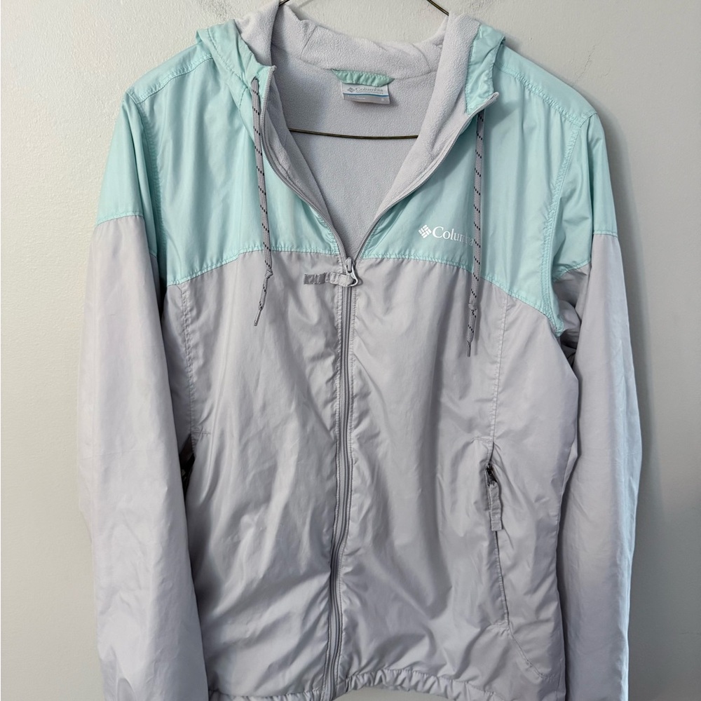 Columbia light Gray and Aqua Flash forward Jacket fleece lined size Small w/hood